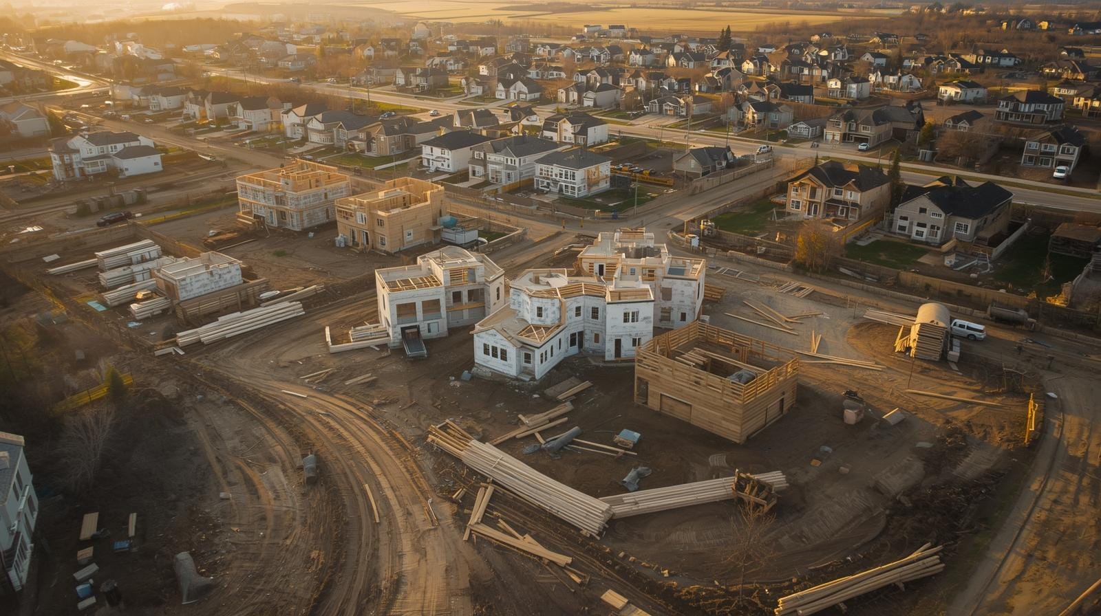 A sprawling subdivision under construction, with raw earth, stacks of lumber, unfinished houses with visible framing, and construction vehicles dotted across the landscape. The scene is bathed in the warm glow of a late afternoon sun, with a wide aerial shot capturing the scope of the development.